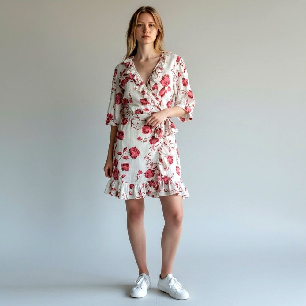 MISA LA Thora Floral Wrap Dress Size M Ruffle Hem Pink White Mini Linen Blend